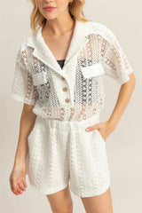 Trendsi HYFVE Crochet Button Front Short Sleeve Romper -