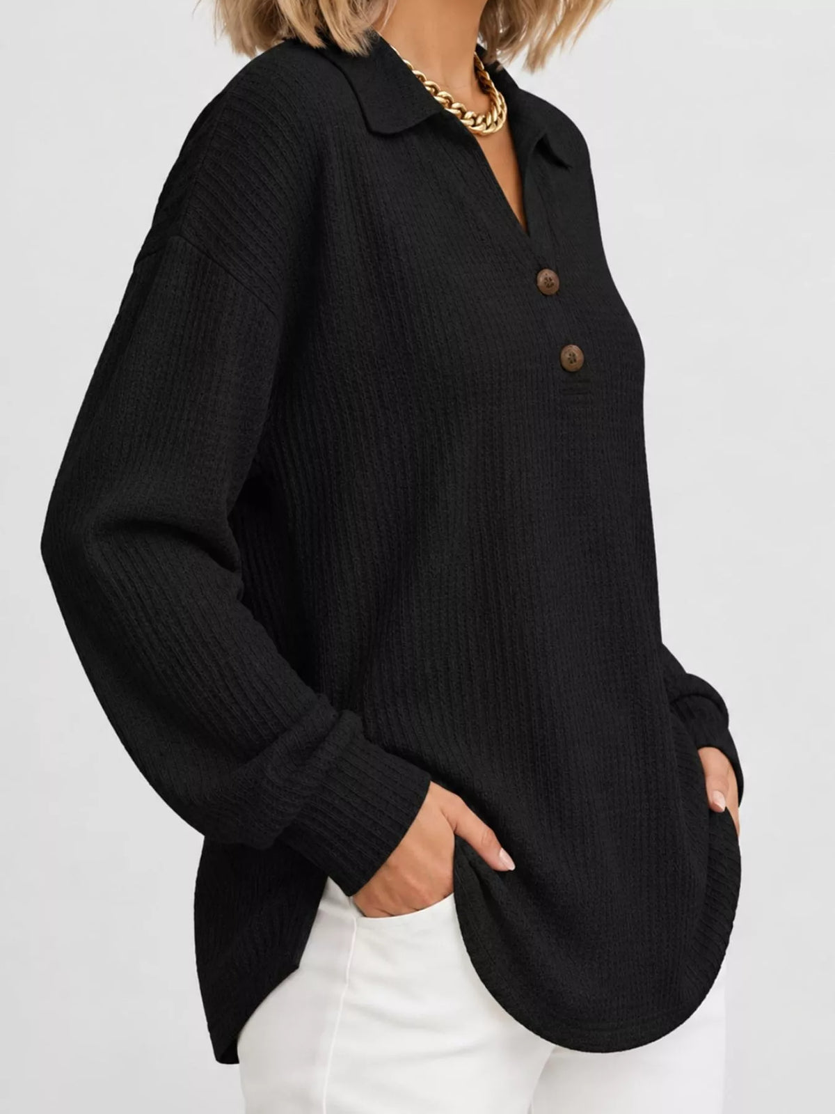 Collared long sleeve top, side view