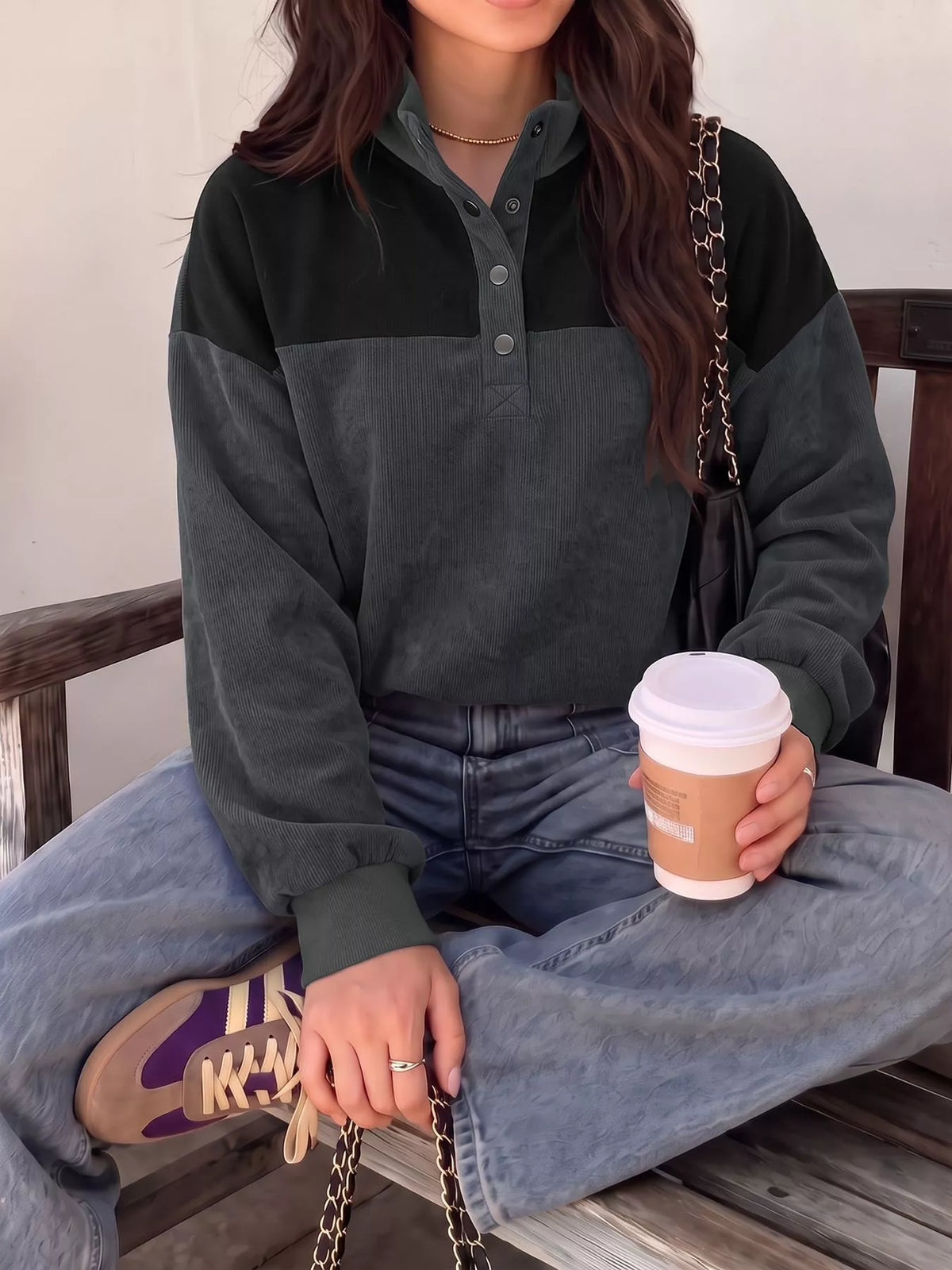 Color-Block Corduroy Quarter-Snap Sweatshirt — front view
