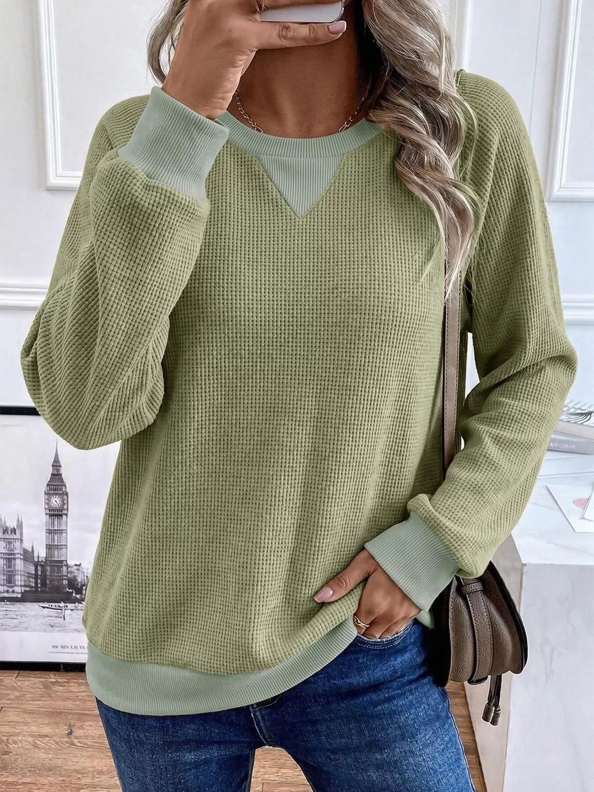 Trendsi Waffle Knit Crew Neck Long Sleeve Sweatshirt -
