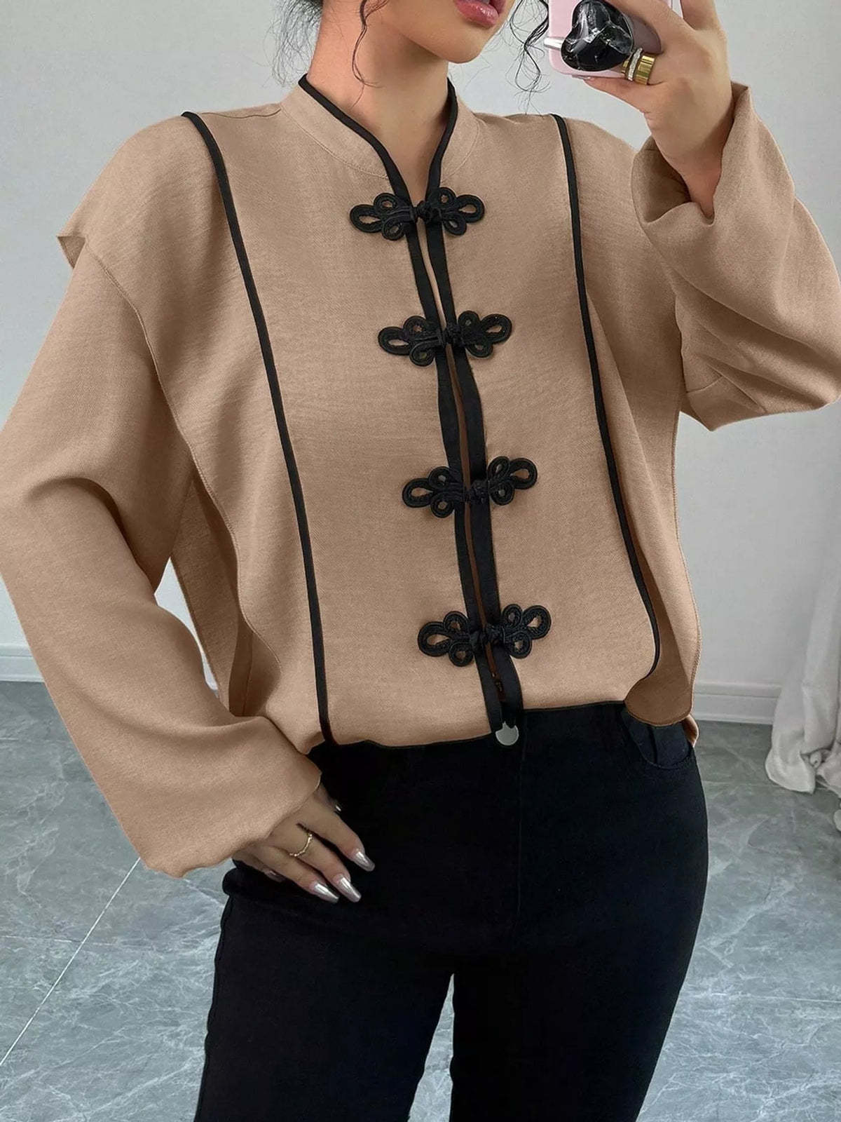 Brown chinese-style mandarin collar blouse