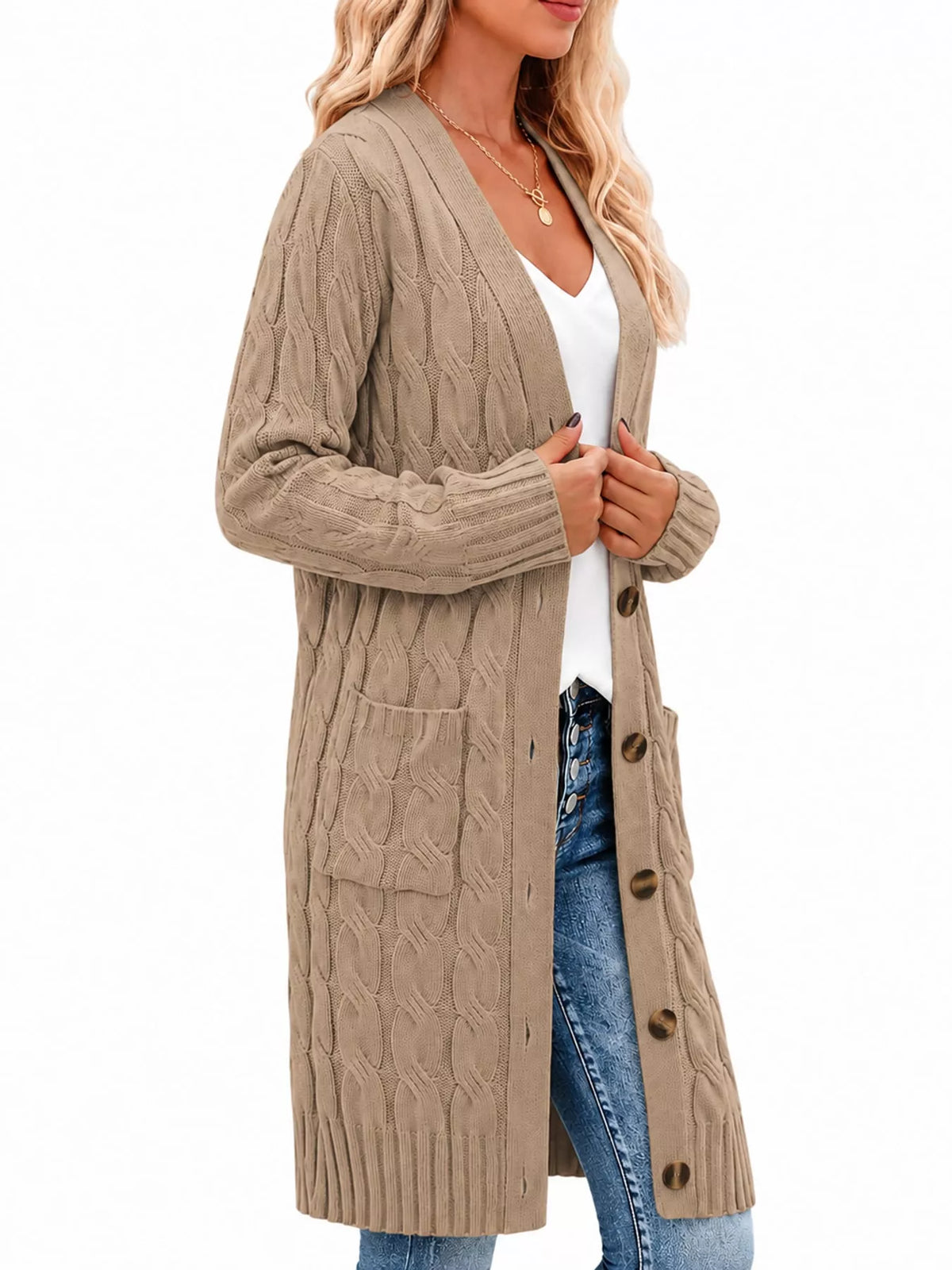 Cable Knit Button-Down Cardigan with Pockets — side view