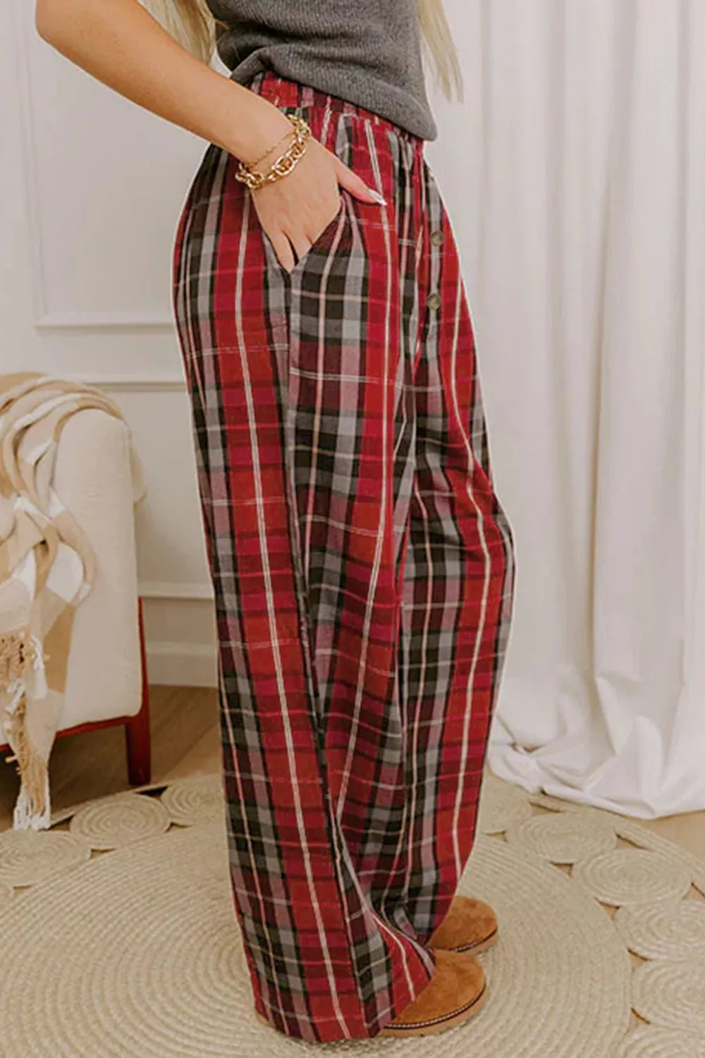 Plaid Elastic Waist Pocket Regular Full-Length Pants in red, pocket detail