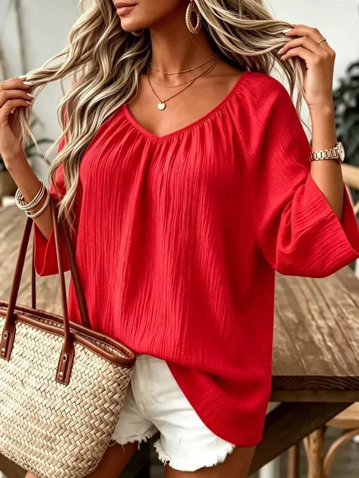 Textured V-Neck Casual T-Shirt, front view