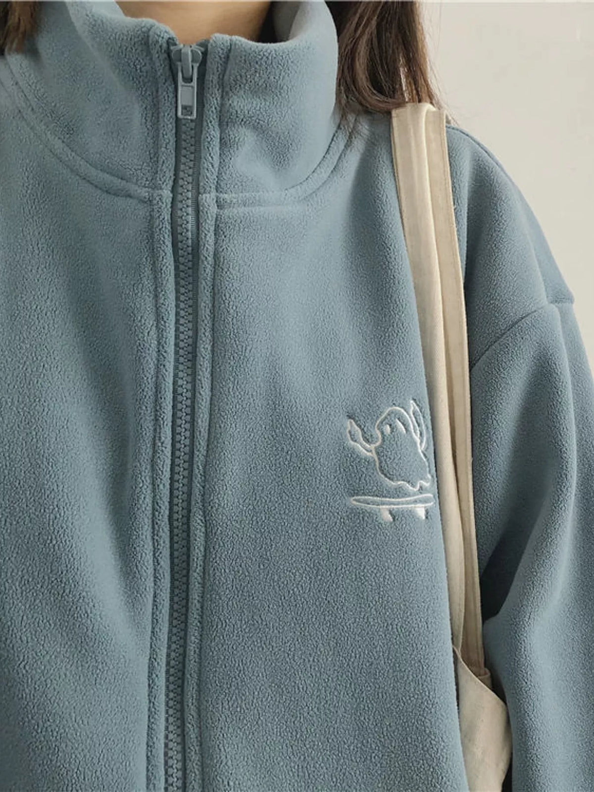 Blue fleece stand-collar zip-up jacket
