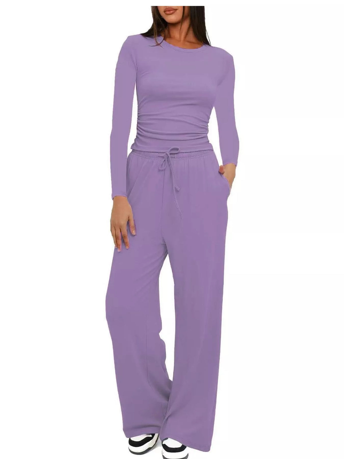 Long Sleeve Top and Wide-Leg Drawstring Pants Set — front view