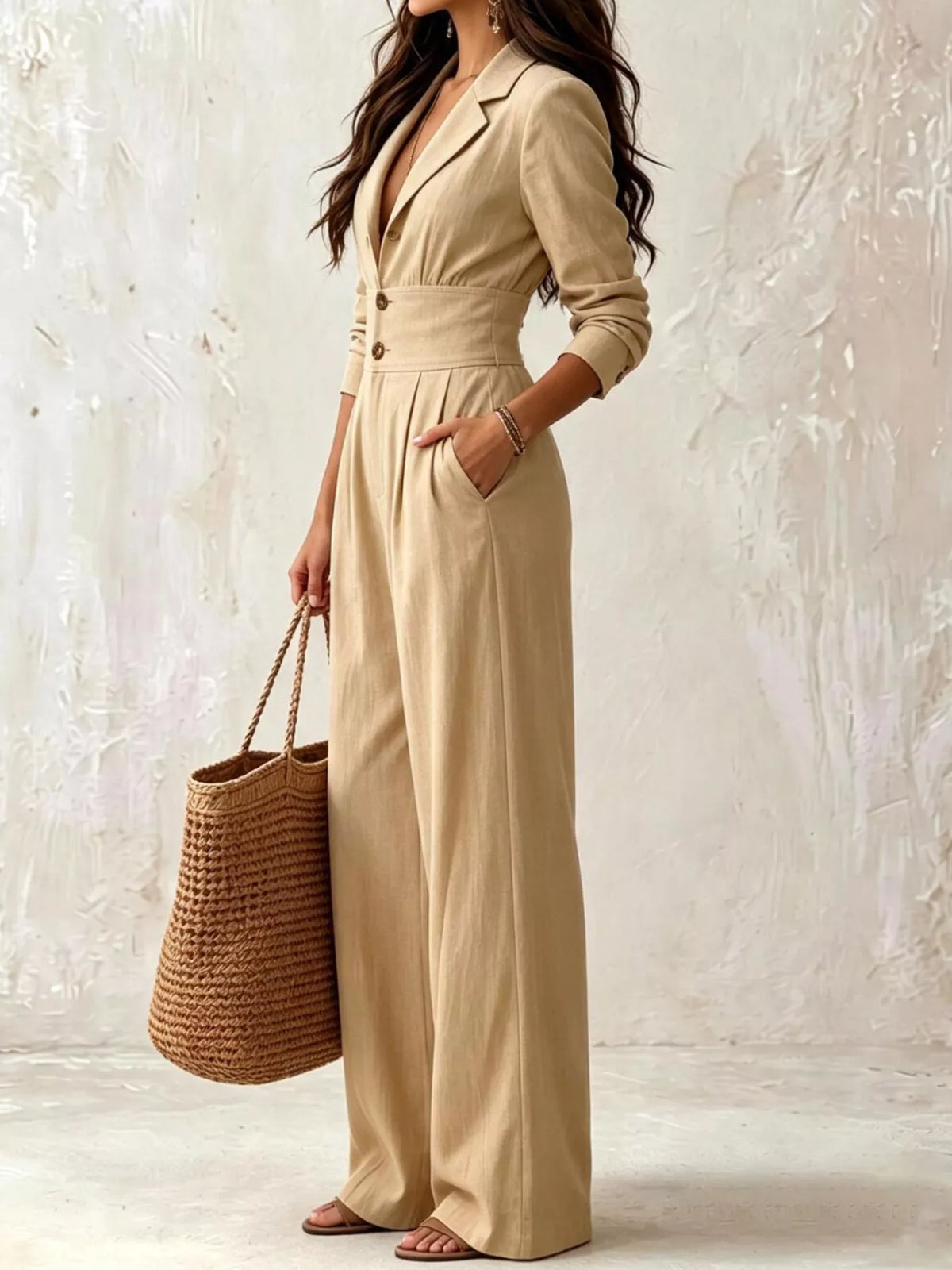 Tan Lapel-Collar Button-Front Wide-Leg Jumpsuit side-front view