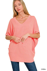 Trendsi Zenana Raised Rib V-Neck Batwing Top -