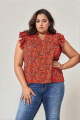 Trendsi Double Take Floral Flutter Sleeve Notched Neck Blouse -