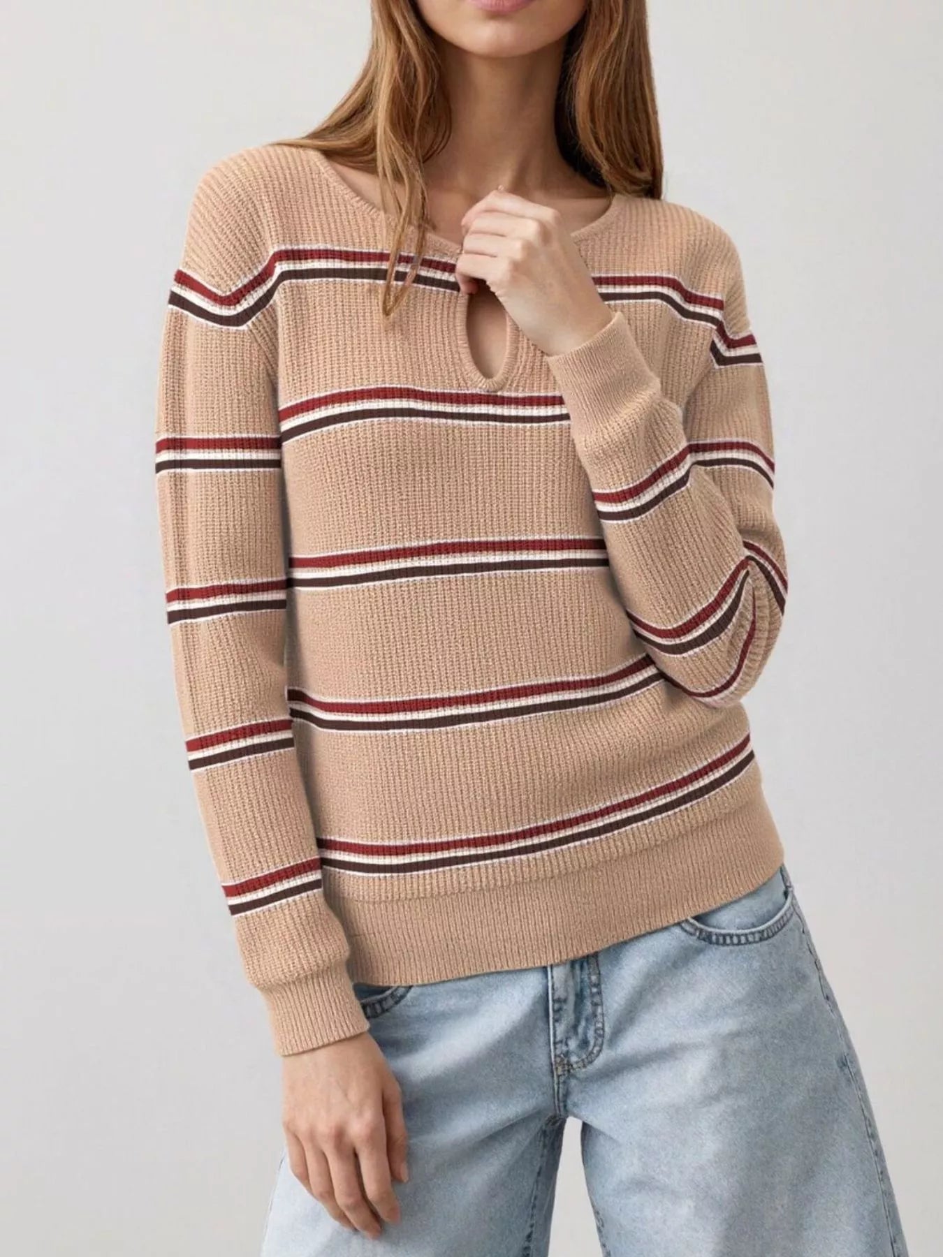 Trendsi Striped Ribbed Knit Top with Keyhole Neckline -
