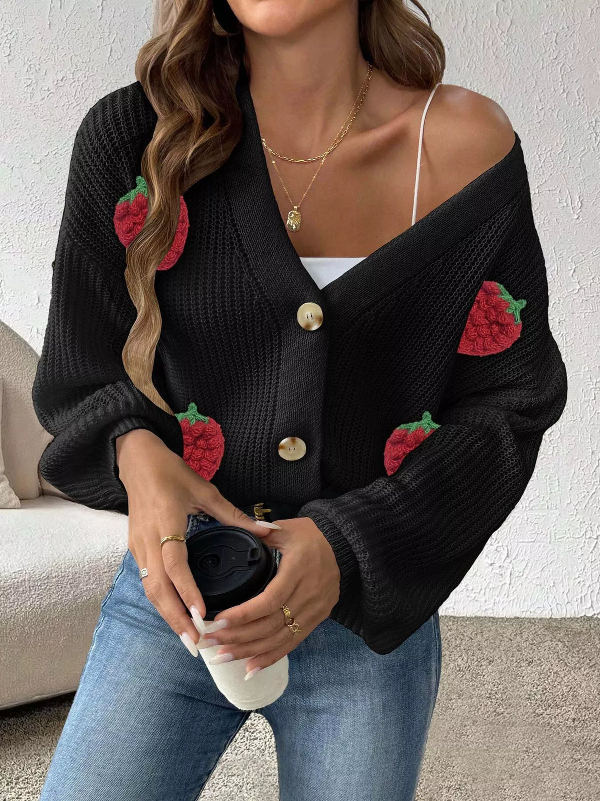 Black Strawberry Applique Button-Up Cardigan close-up view