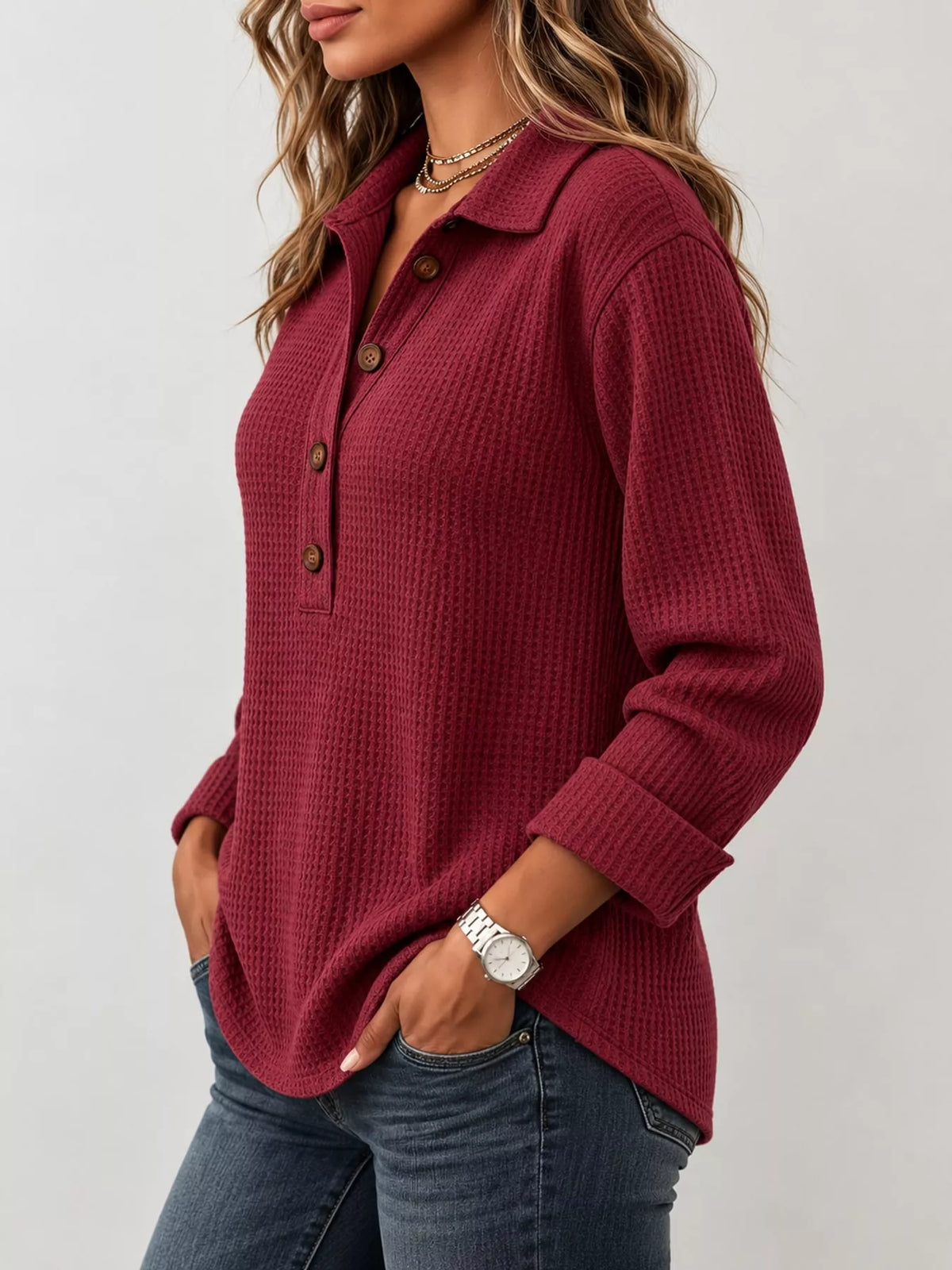 Burgundy waffle knit long sleeve polo top, side view