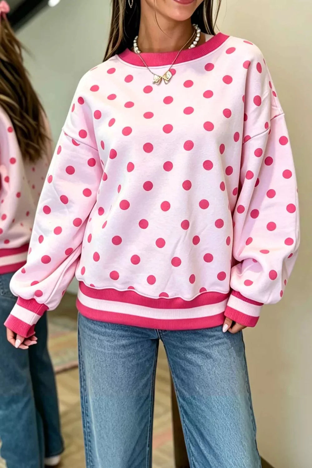 Polka Dot Colorblock Round Neck Pullover Sweatshirt — front view