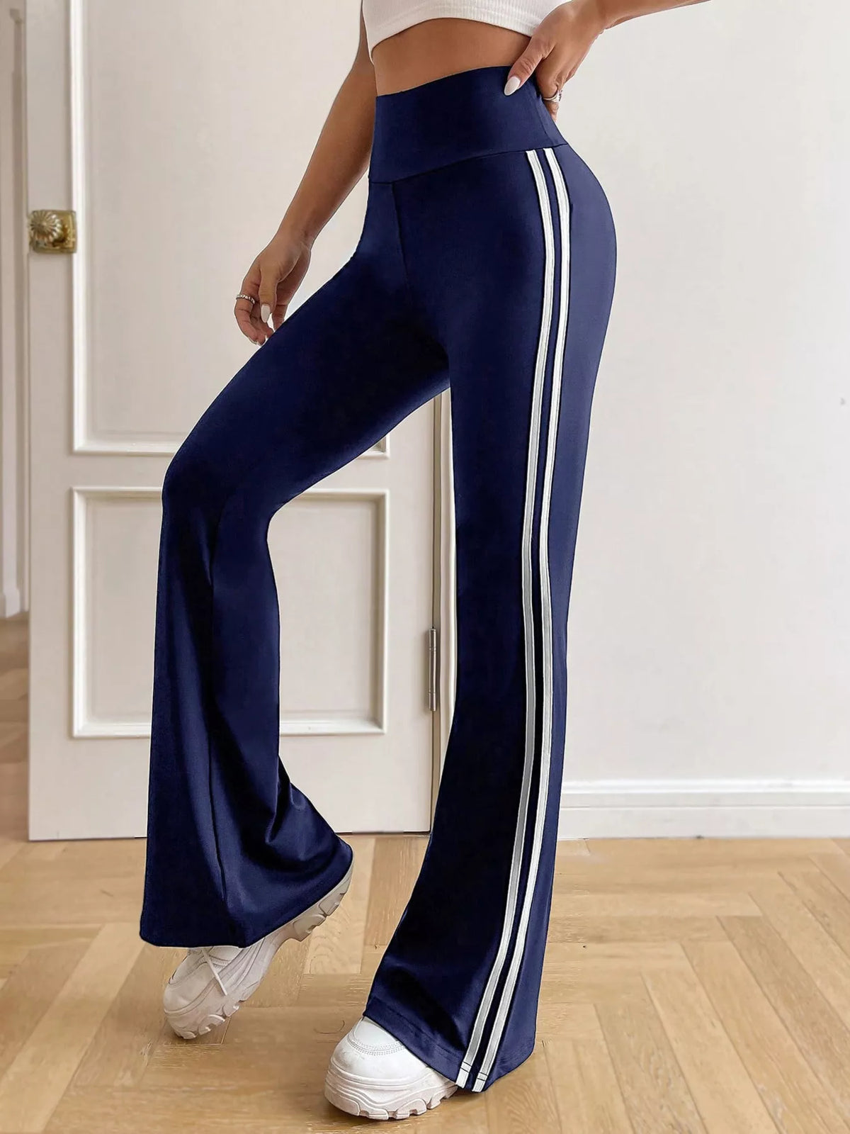 High-waisted side-striped flare active pants
