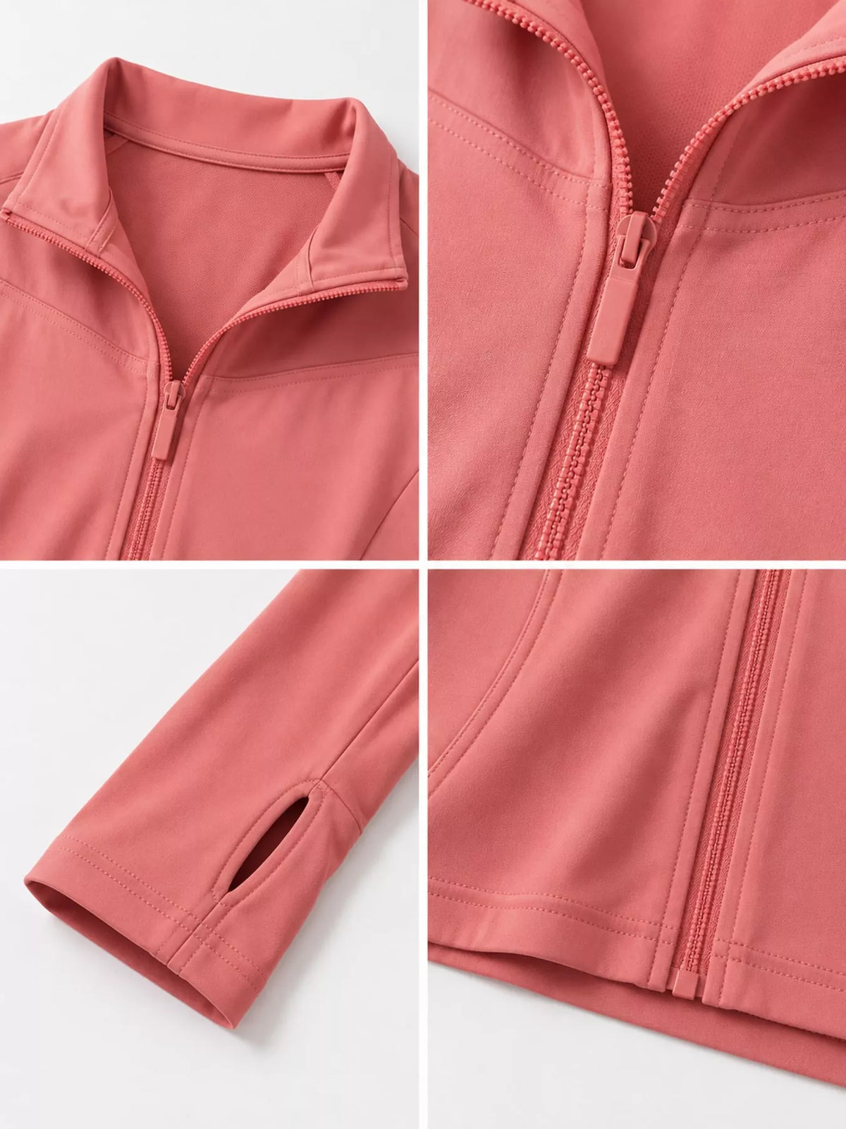 Pink quick-dry zip-up jacket, collar, zipper, thumbhole cuffs, and hem close-ups