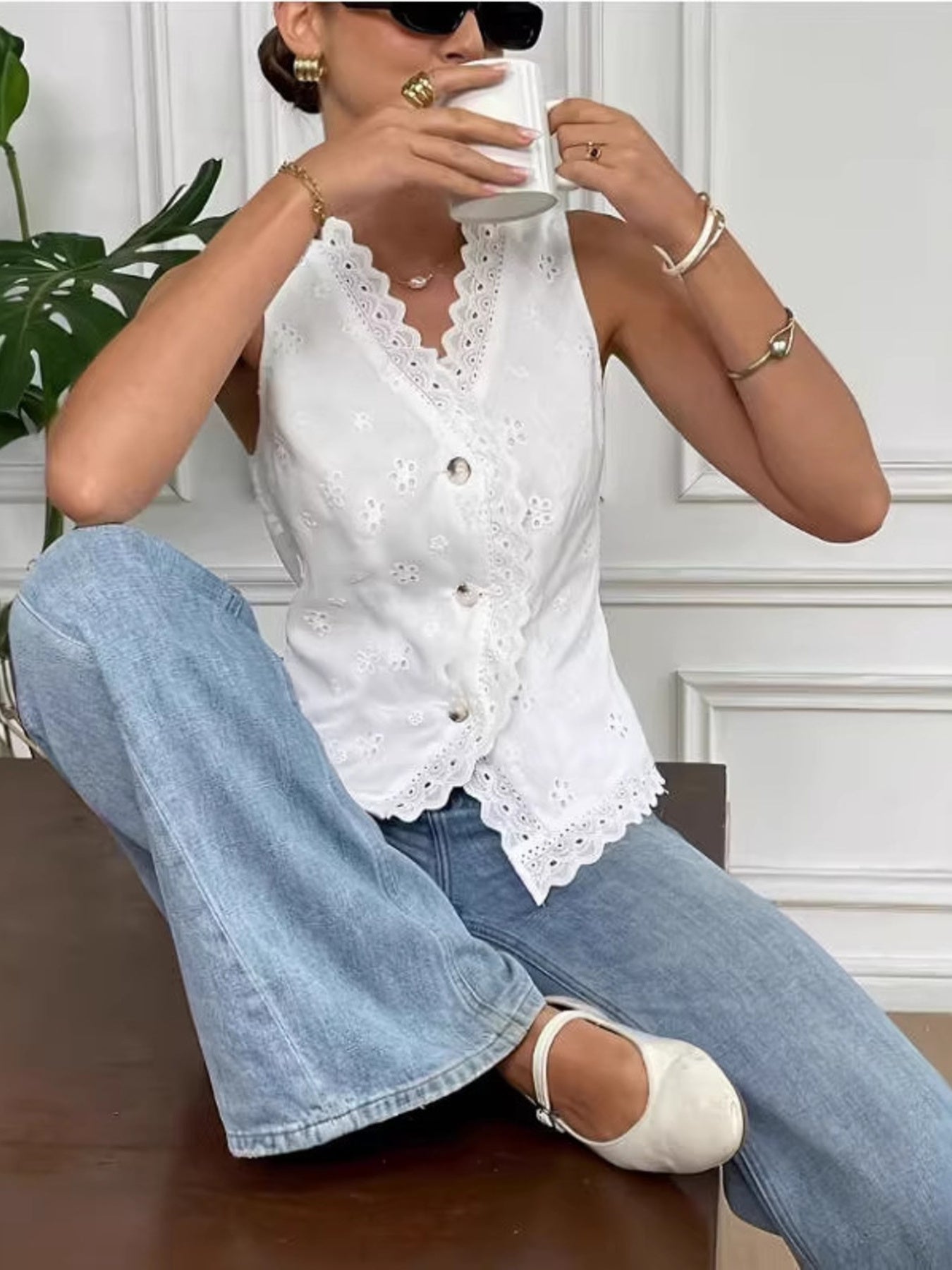 Trendsi Eyelet Embroidered Button-Front Tank -