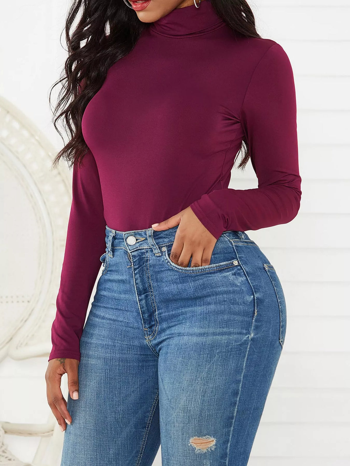 Long Sleeve Turtleneck Slim-Fit Bodysuit in burgundy