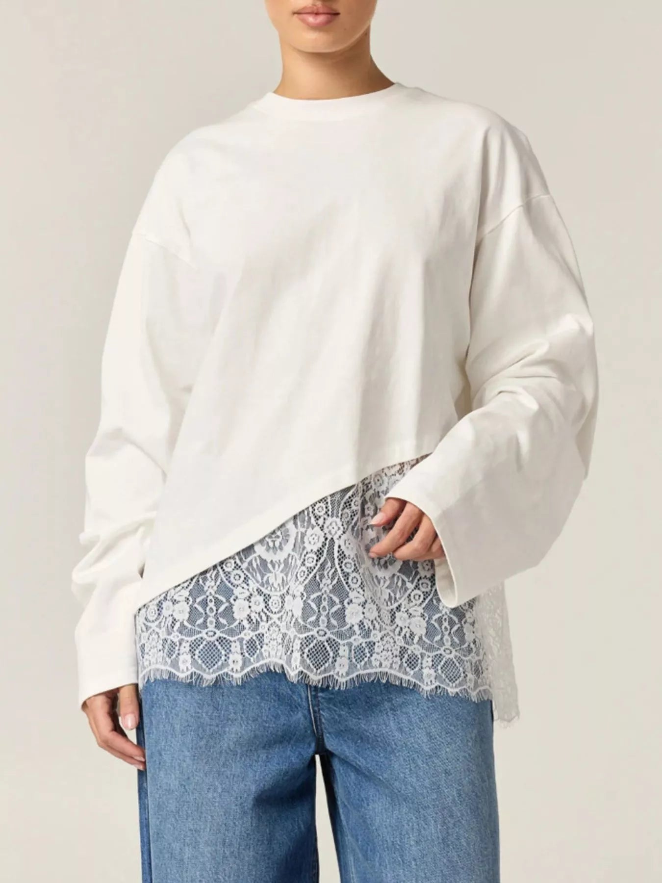 Trendsi Long-Sleeve T-Shirt with Asymmetric Lace Hem -