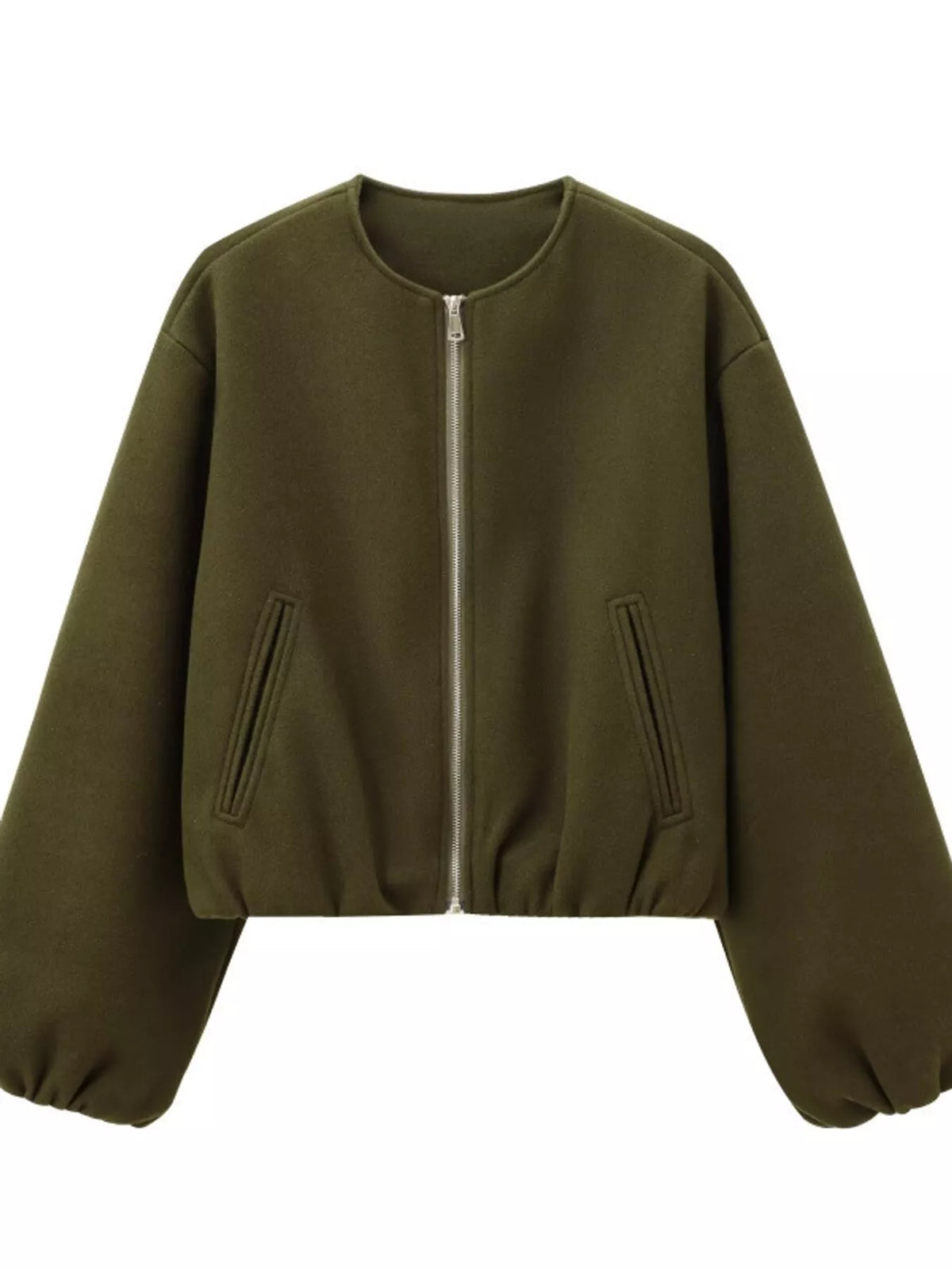 Army Green fleece zip-up cropped jacket