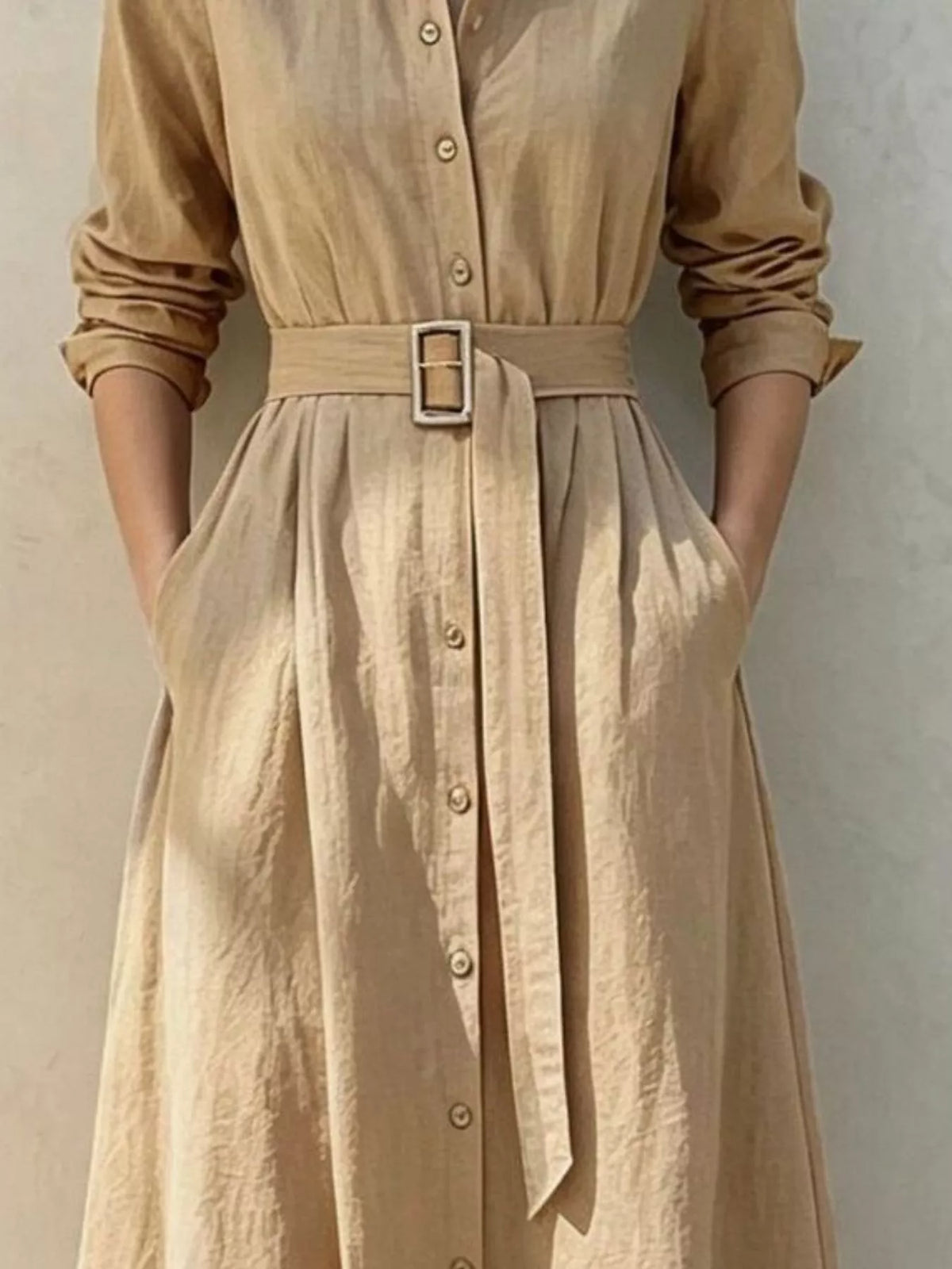 Button-Down Midi Shirt Dress with Pockets, waist detail
