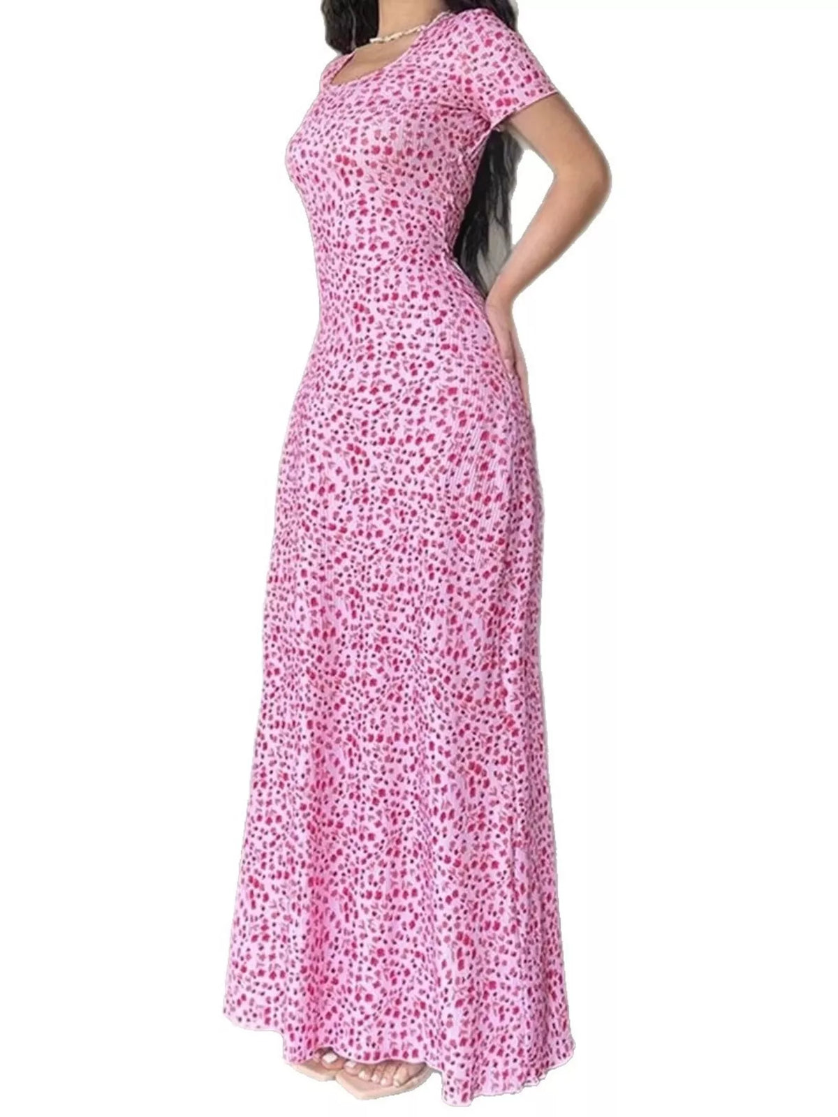 Short-Sleeve Tie-Back Maxi Dress in pink floral, front view
