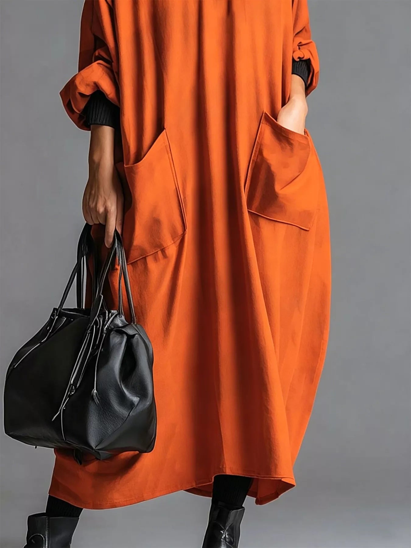 Trendsi Full Size Loose-Fit Mock Neck Midi Dress with Pockets Plus Size -