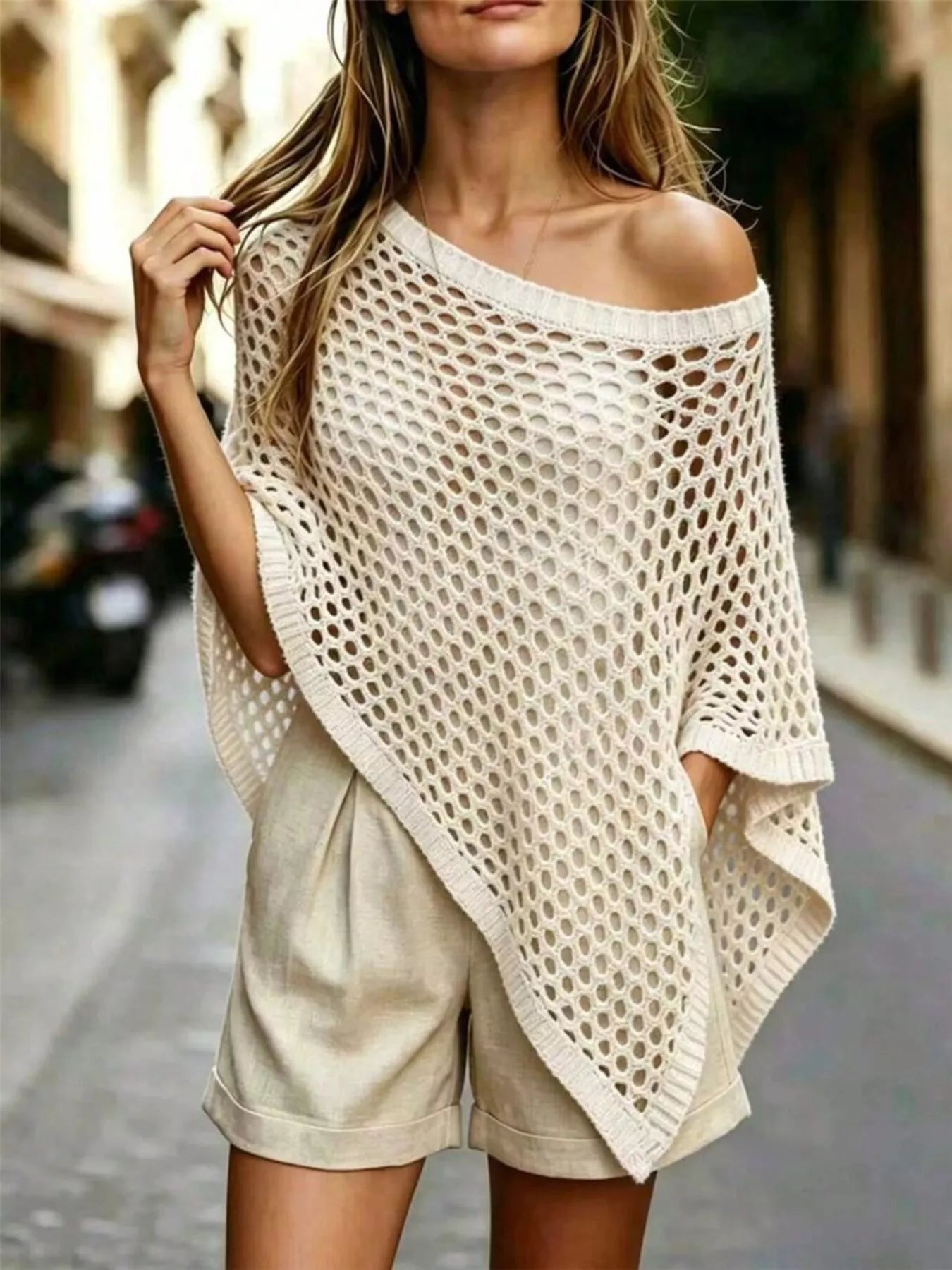 Trendsi Sheer Crochet Poncho Knit Cover Up -