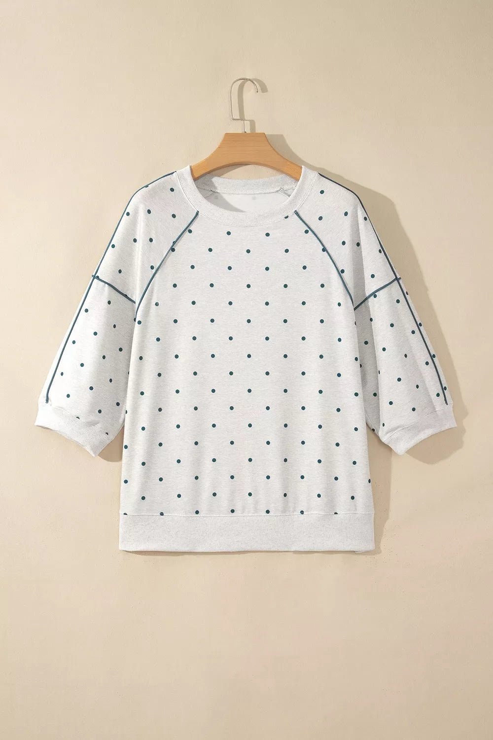 Trendsi Polka Dot Print Piping Trim 3/4 Sleeve Relaxed Top -