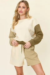 Trendsi Double Take Full Size Contrast Drop Shoulder Top and Shorts Set -