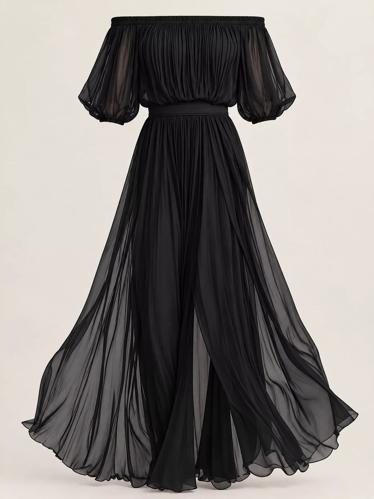 Black off shoulder ruched chiffon maxi dress, front view