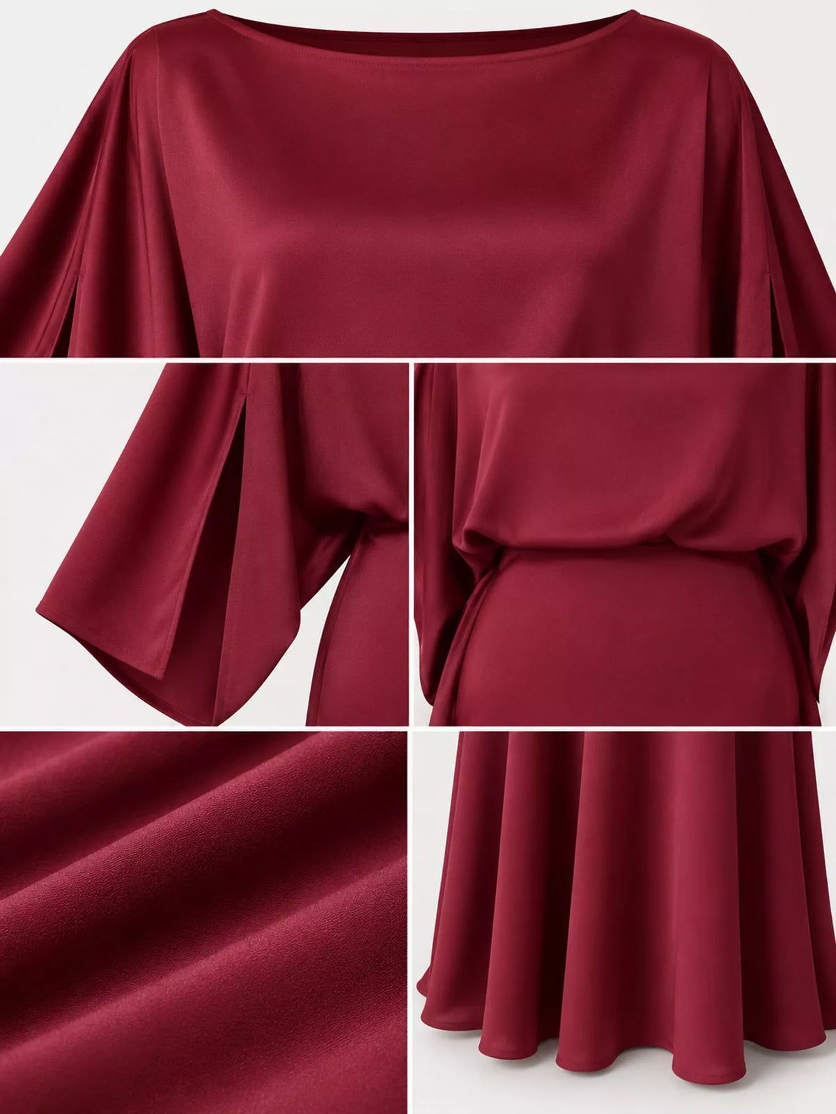 Burgundy satin cape sleeve maxi dress, detail view