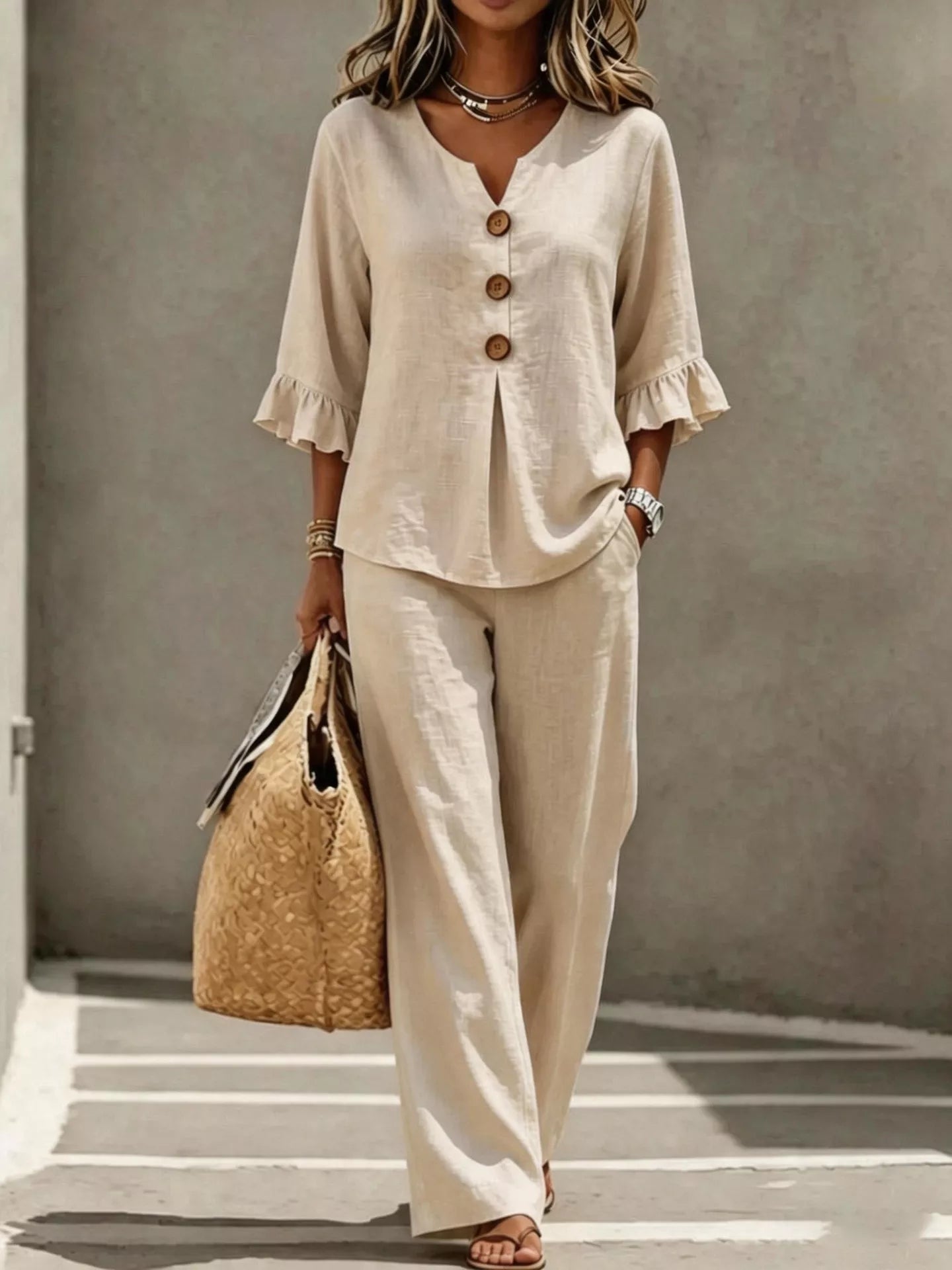 Trendsi Full Size Decor Button Ruffled Top and Wide-Leg Pants Set Plus Size -