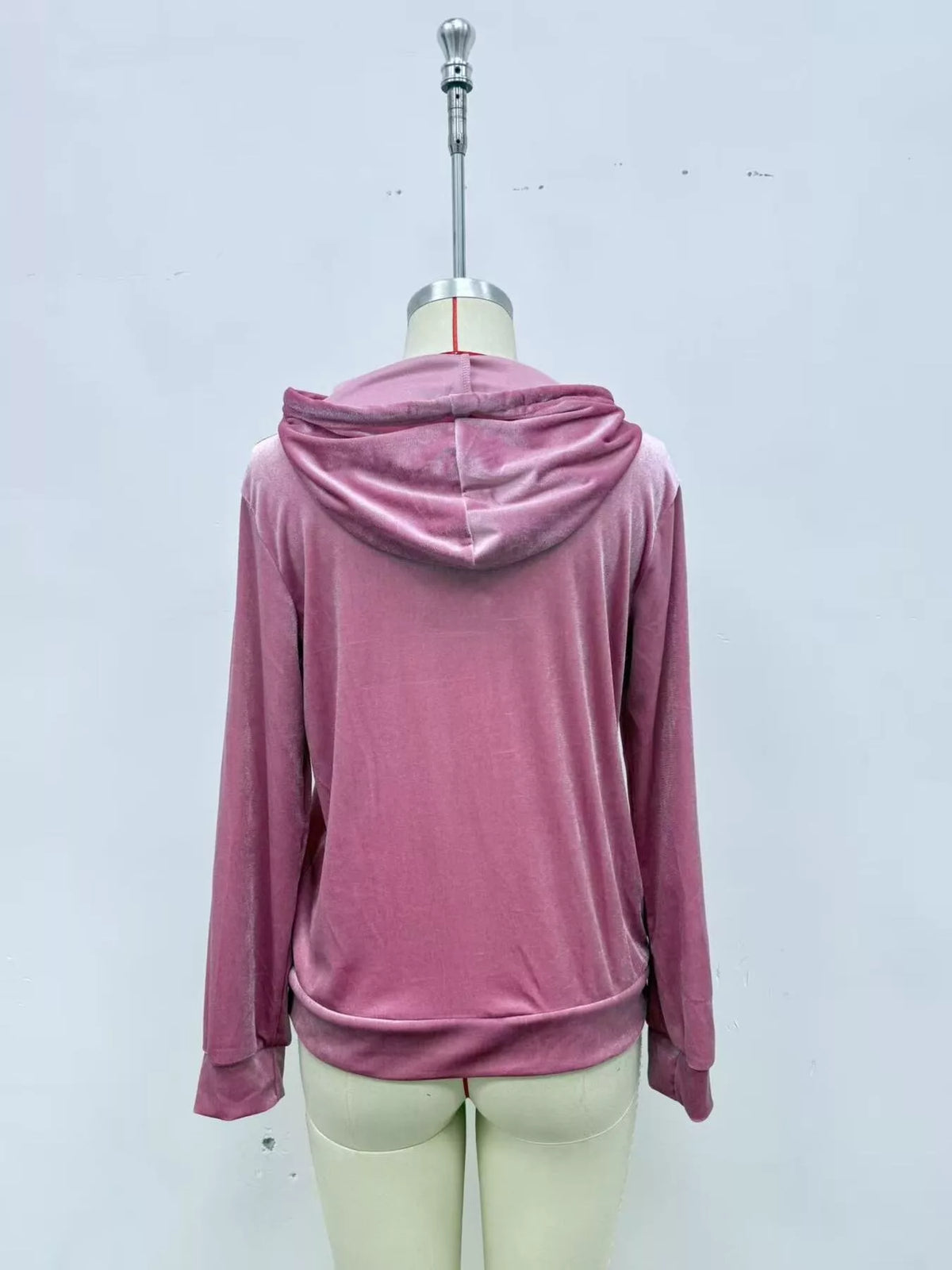 Women's Velvet Kangaroo Pocket Hoodie in Dusty Pink, back view