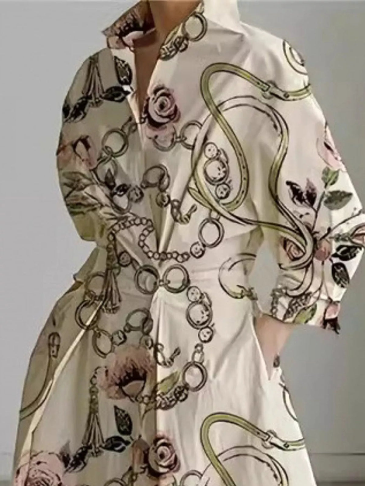 Collared Three-Quarter Sleeve Midi Shirt Dress — construction details