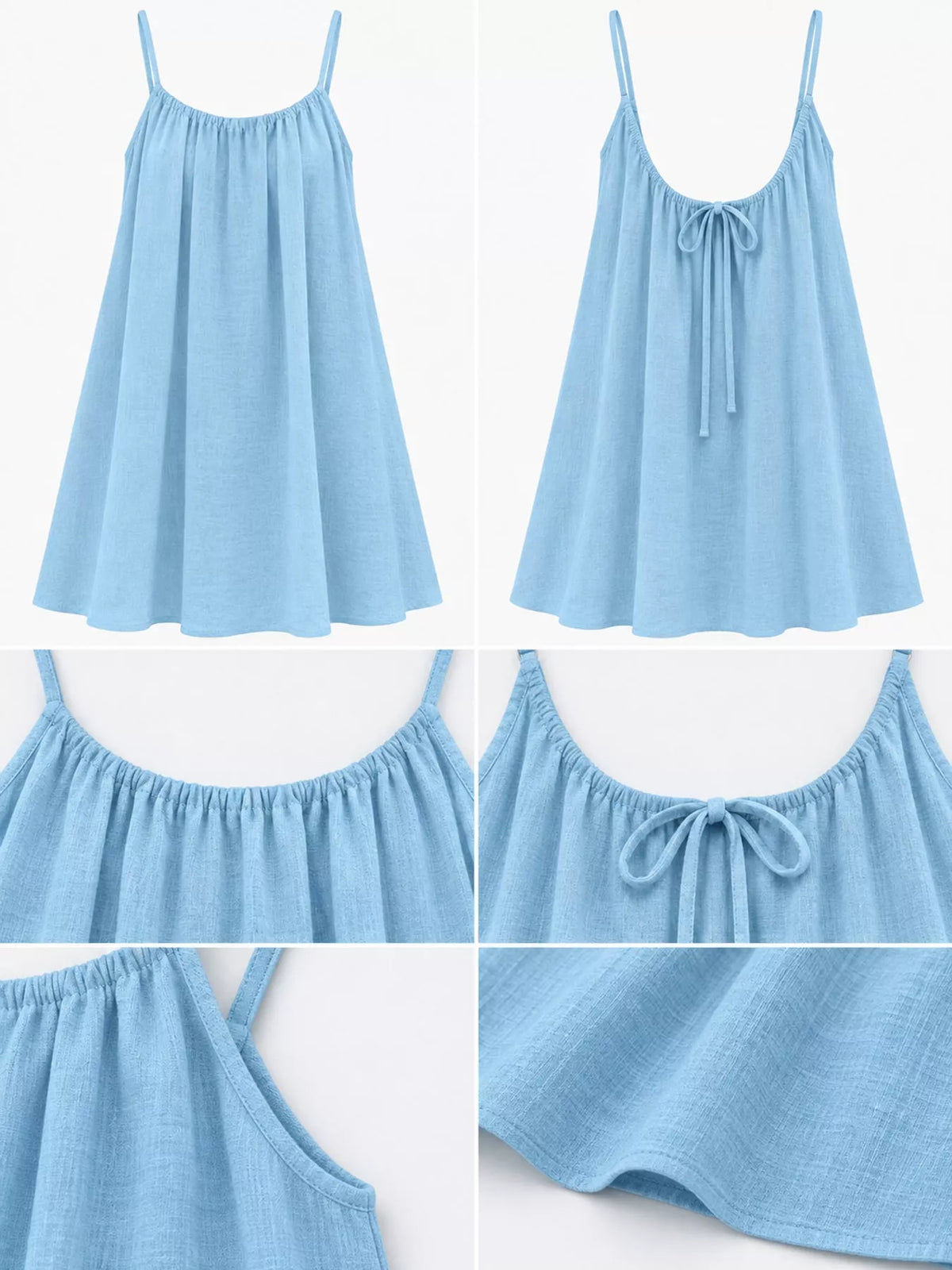 Light blue spaghetti strap A-line mini dress with open tie back, front, back and construction details