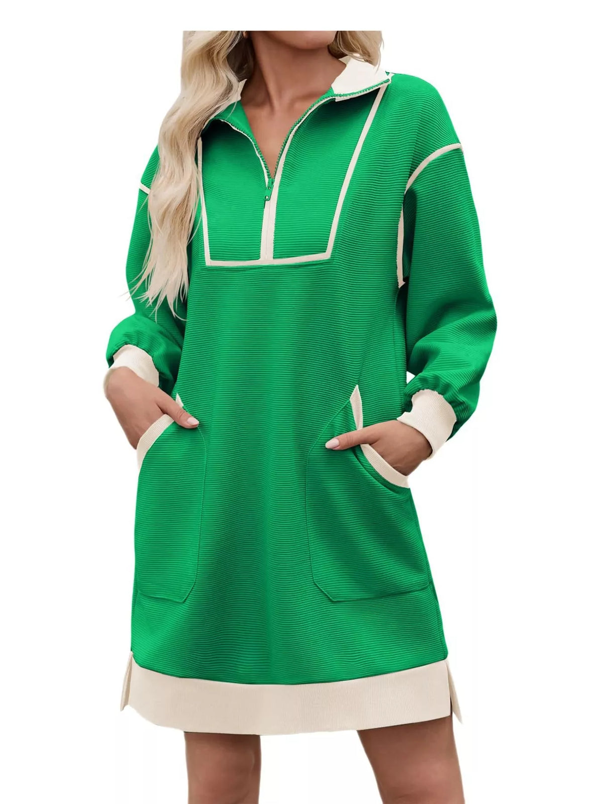 Green color block quarter-zip sweatshirt dress — front view