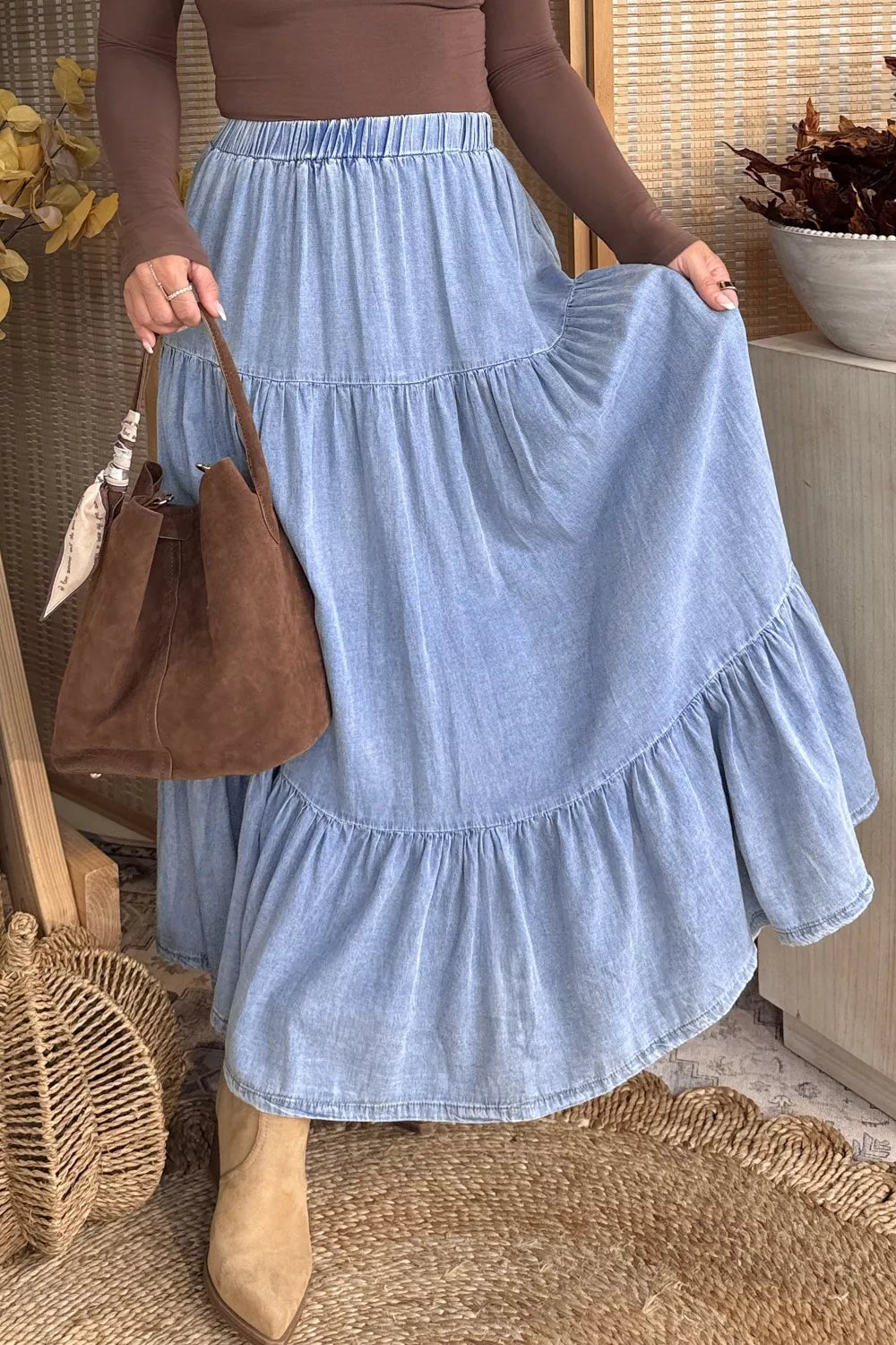 Trendsi Elastic Waist Ruffled Tiered Flared Denim Maxi Skirt -