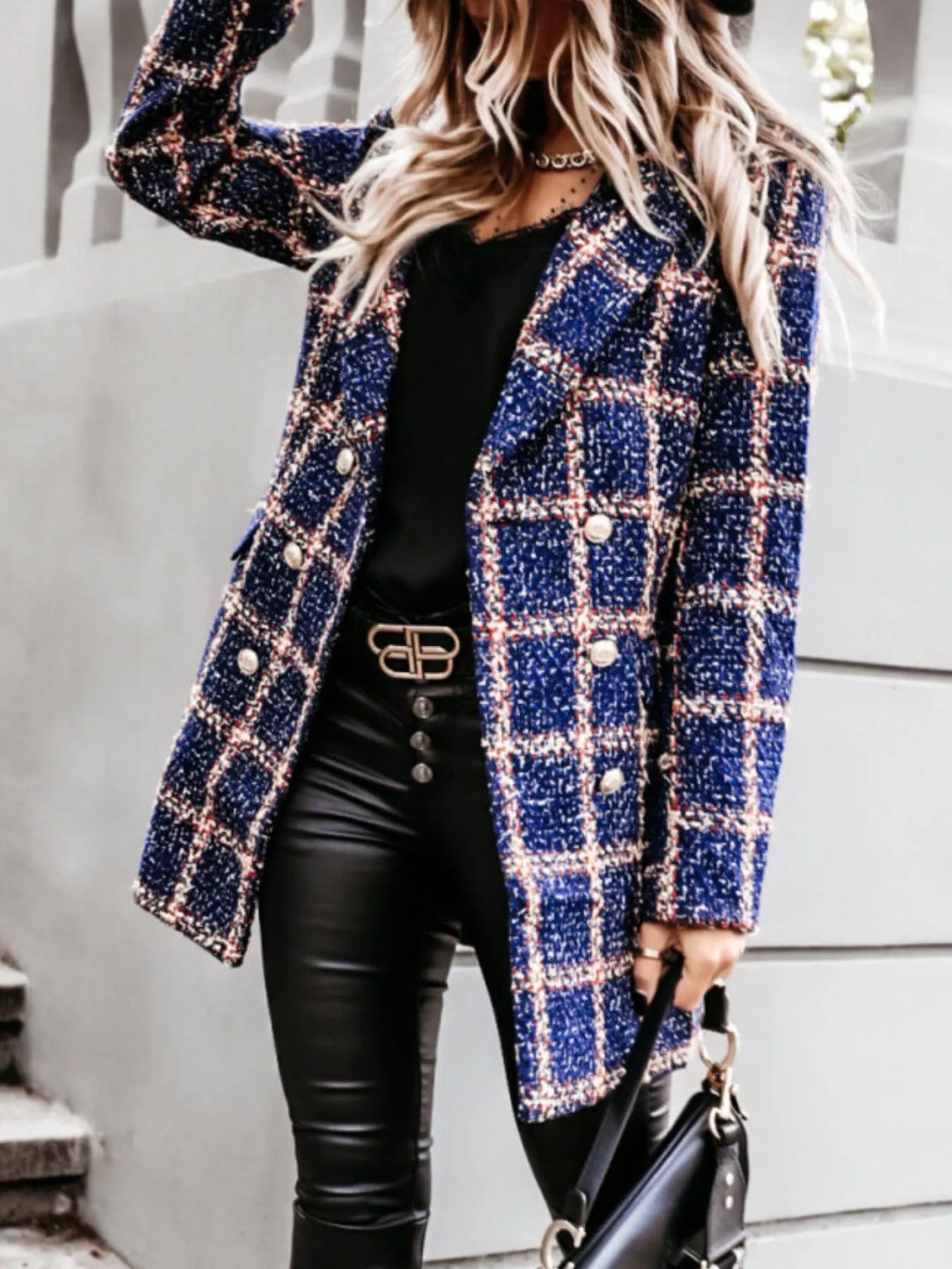 Trendsi Plaid Tweed Double-Breasted Coat -