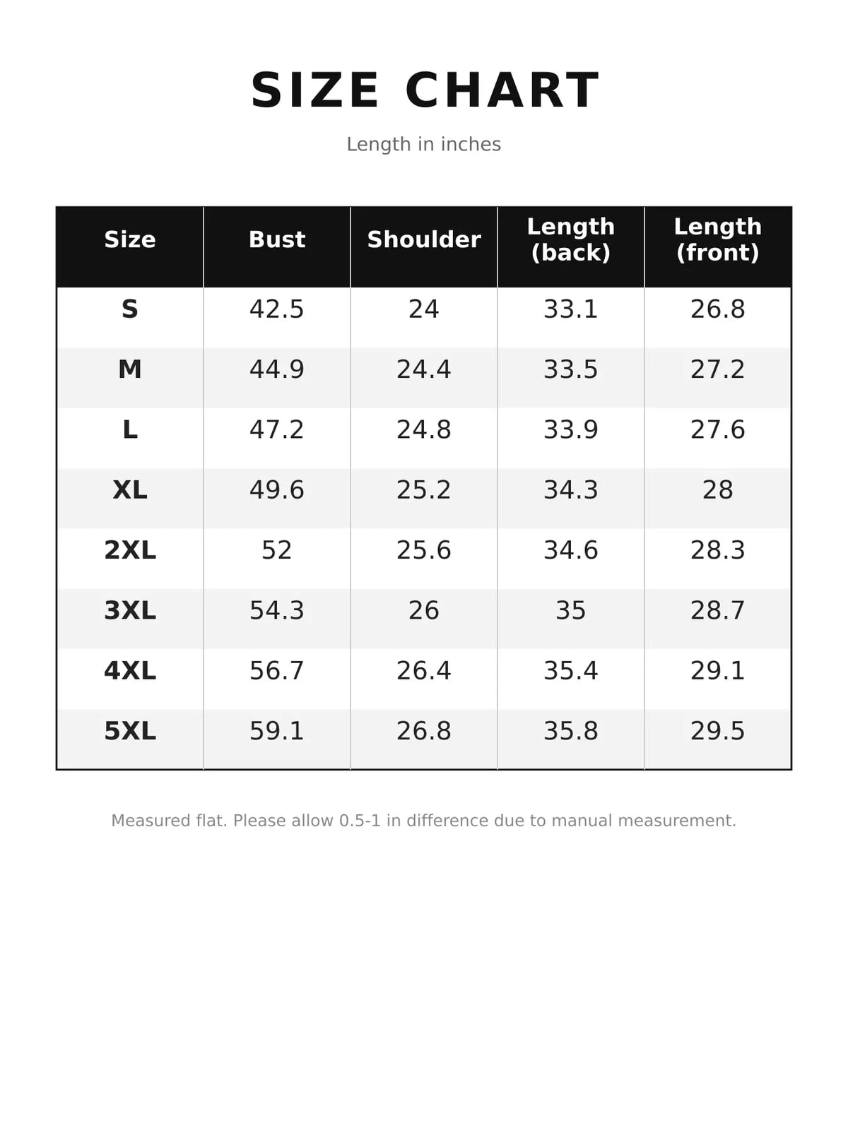 Size chart for cotton chest-pocket shirt