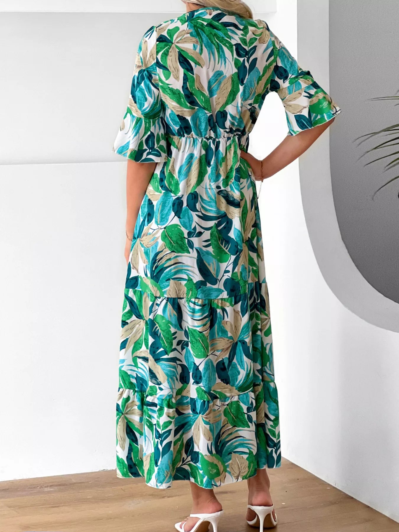 Trendsi Tropical Leaf Print Half Sleeve Midi Dress -