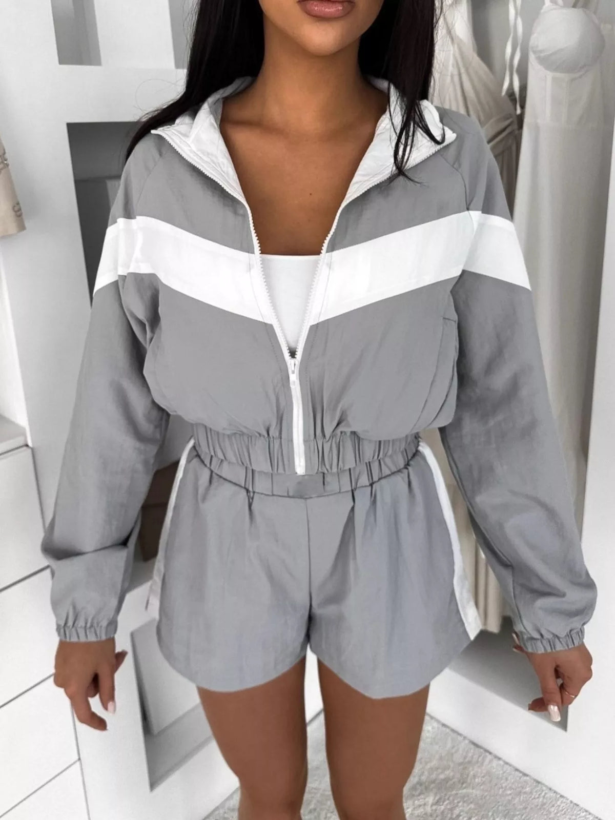 Trendsi Color Block Zip-Up Jacket and Shorts Two-Piece Set -