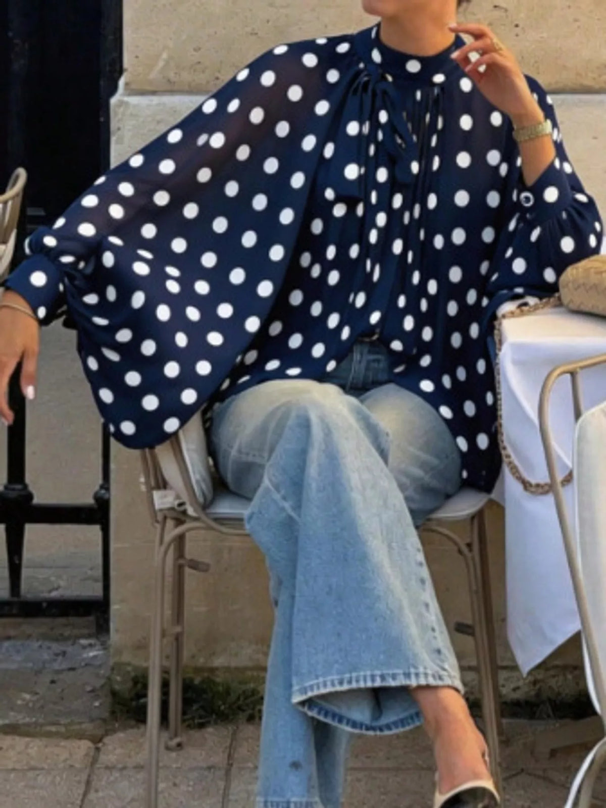 Navy polka dot long sleeve blouse