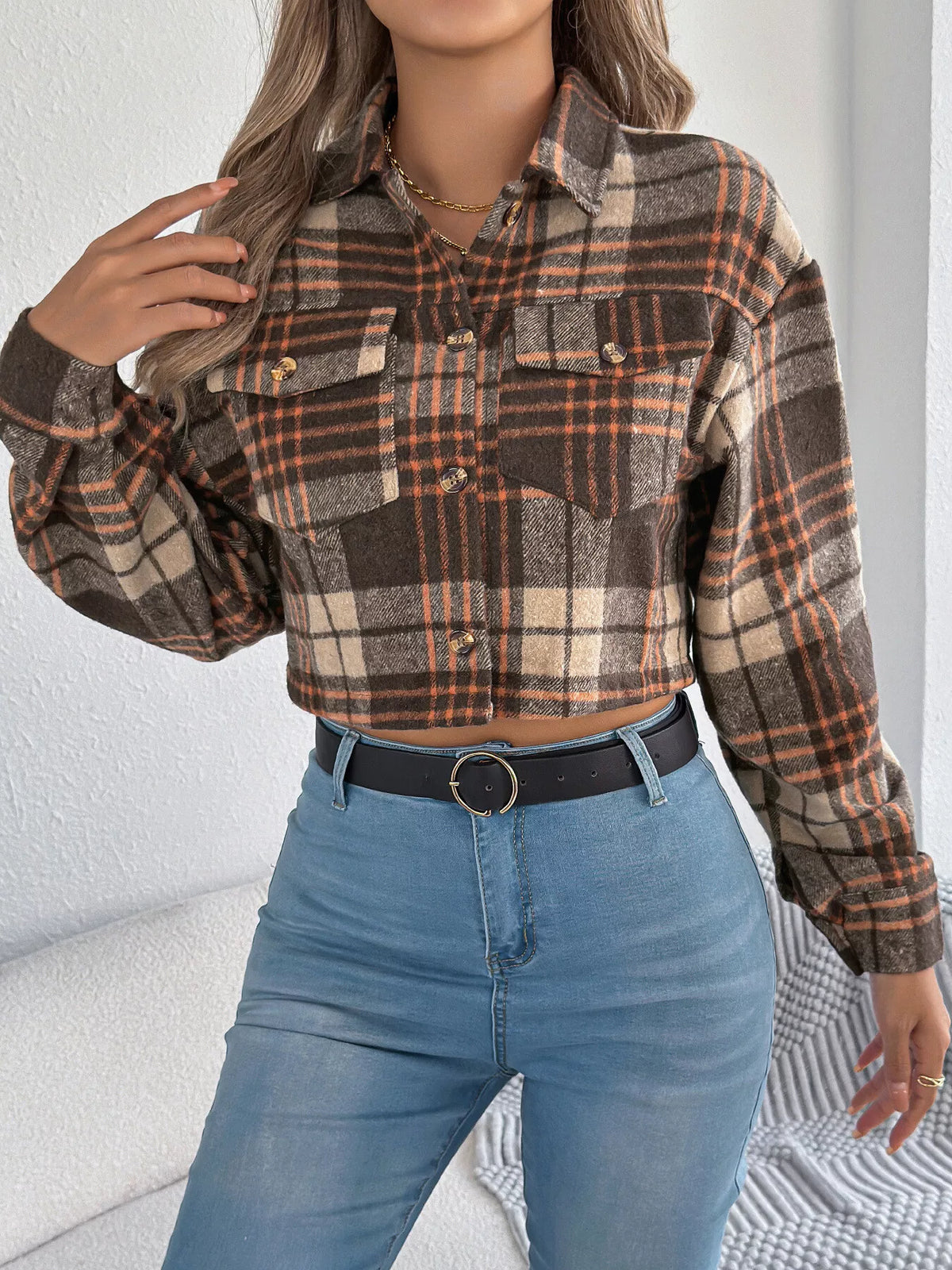 Brown plaid button-up cropped jacket