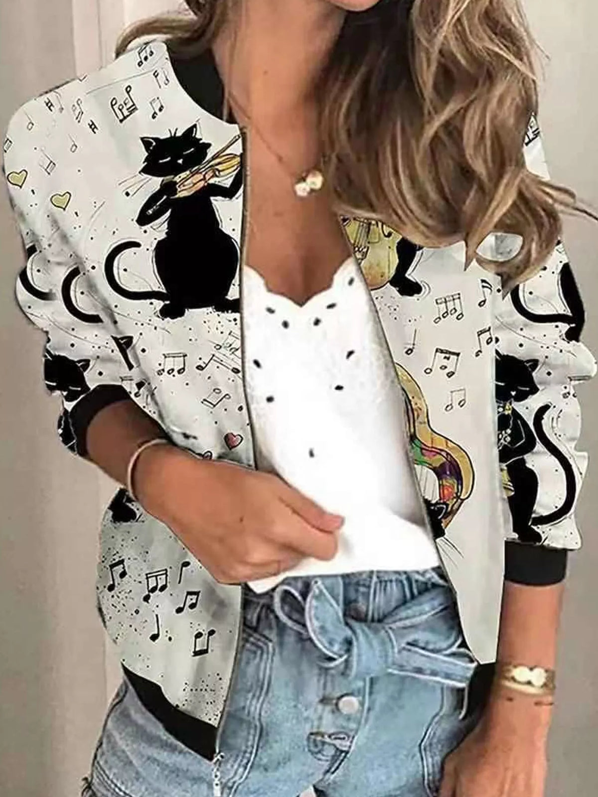 White cat print printed zip-up bomber jacket — front view