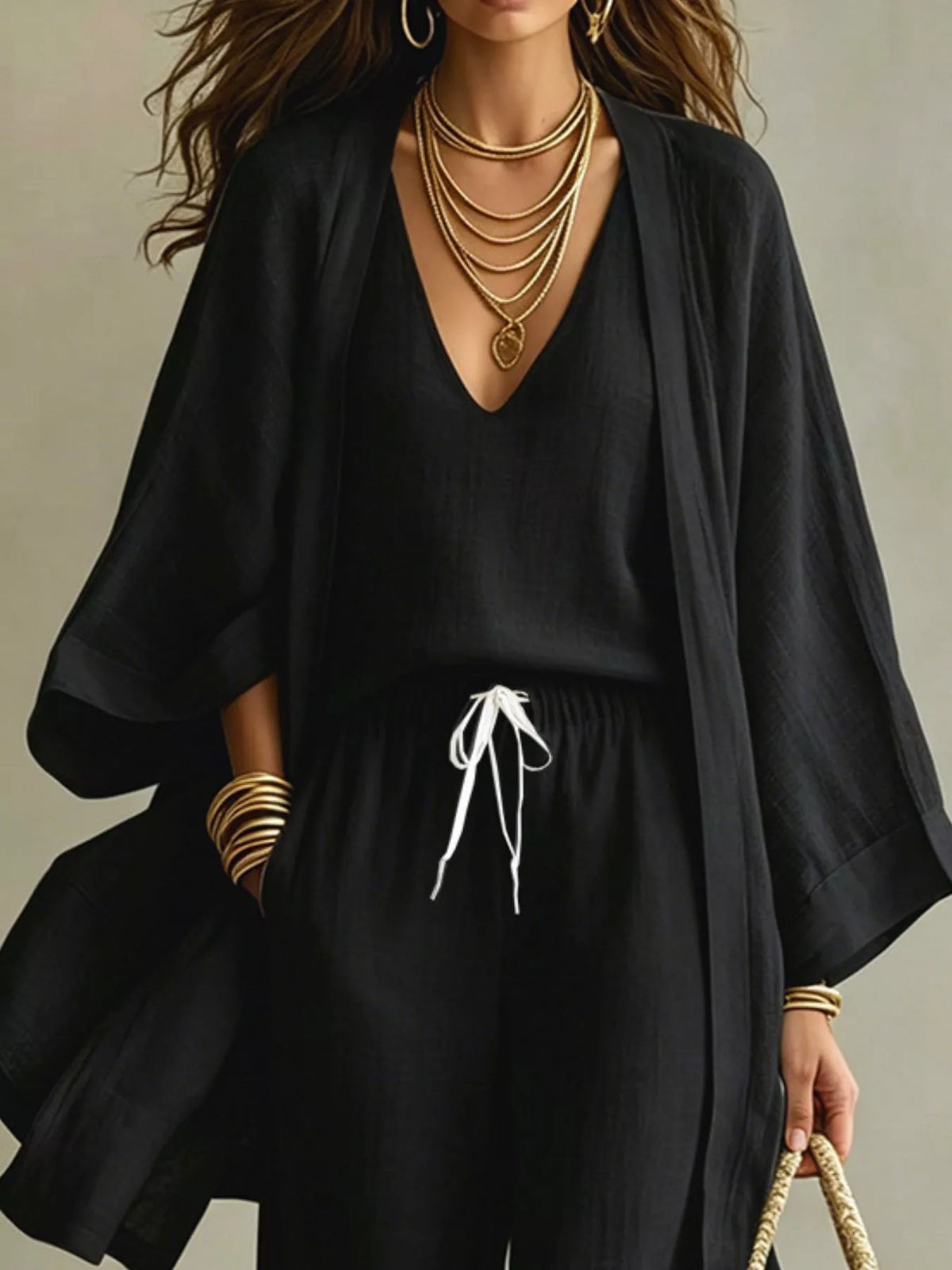 V-Neck Top, Cardigan and Pants Three-Piece Set in black, front view
