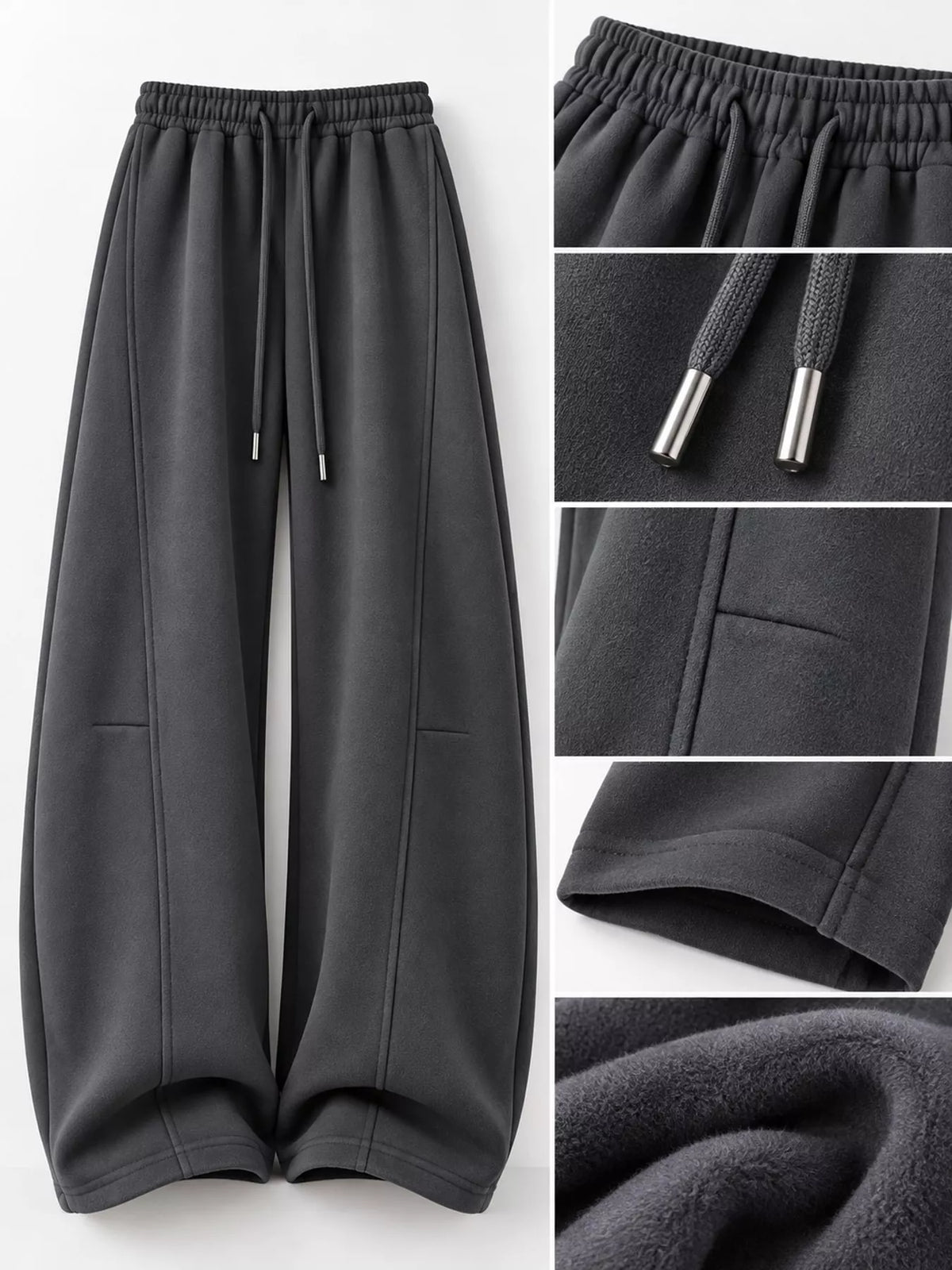 Dark gray wide leg drawstring sweatpants, detail view