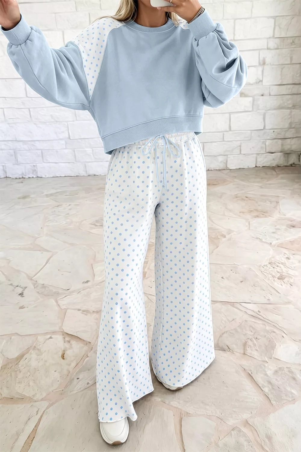 Women's Polka-Dot Cropped Sweatshirt & Wide-Leg Pants Set — detail view