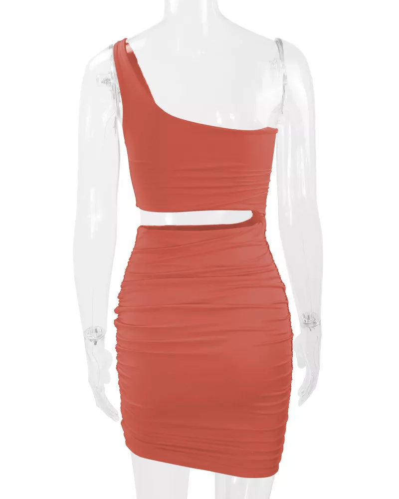 One-shoulder cutout dress, coral mannequin back