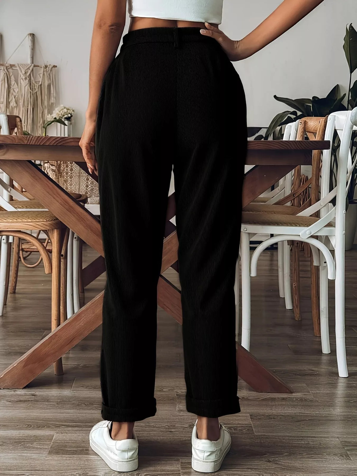 Black Corduroy Straight-Leg Pants with Pockets back view