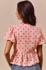 Trendsi SO ME All Over Heart Ribbon Tie Baby Doll Valentine Blouse -